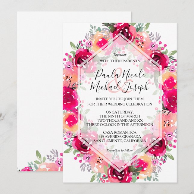 Watercolor Pink Cream Floral Wedding Invitations (Front/Back)