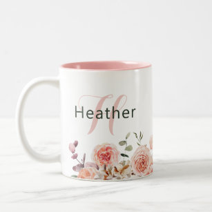Watercolor Pink Cream Flowers   Name Monogram Two-Tone Coffee Mug