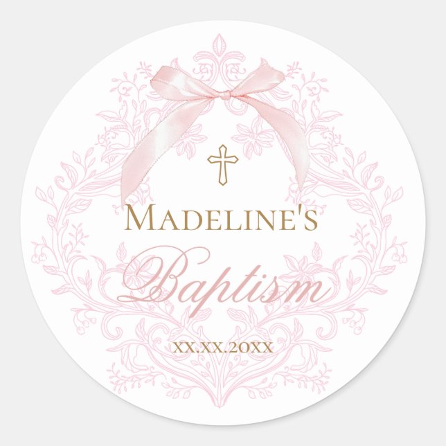  watercolor pink crest | Baptism Classic Round Sticker (Front)
