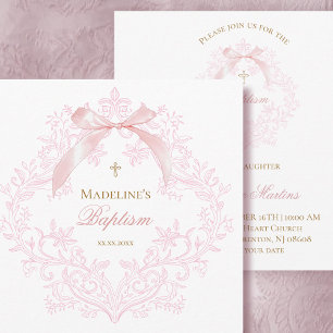 watercolor pink crest little bow   Baptism Invitation