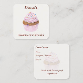 Watercolor Pink Cupcake Bakery Square Business Card