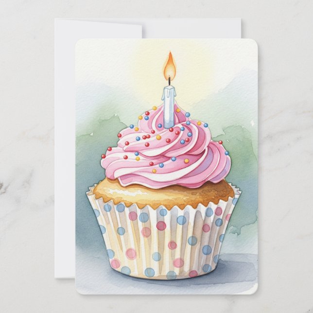 Watercolor Pink Cupcake Birthday Invitations (Front)