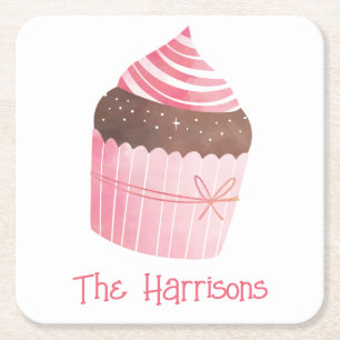 Watercolor Pink Cupcake Christmas Paper Coasters
