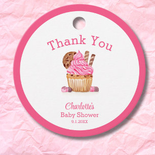Watercolor Pink Cupcake With Chocolate Baby Shower Favour Tags