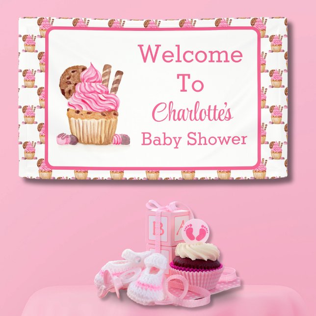 Watercolor Pink Cupcake With Chocolate Baby Welcom Banner (Creator Uploaded)