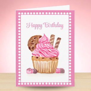 Watercolor Pink Cupcake With Chocolate Birthday Card