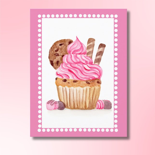 Watercolor Pink Cupcake With Chocolate Birthday Postcard (Creator Uploaded)
