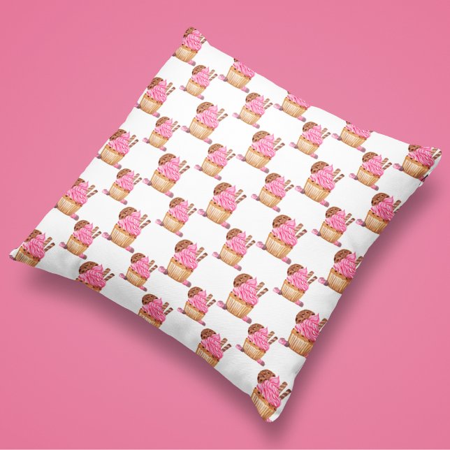 Watercolor Pink Cupcake With Chocolate Pattern Cushion (Creator Uploaded)