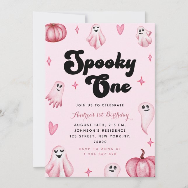 Watercolor Pink Cute Ghost Spooky One 1st Birthday Invitation (Front)