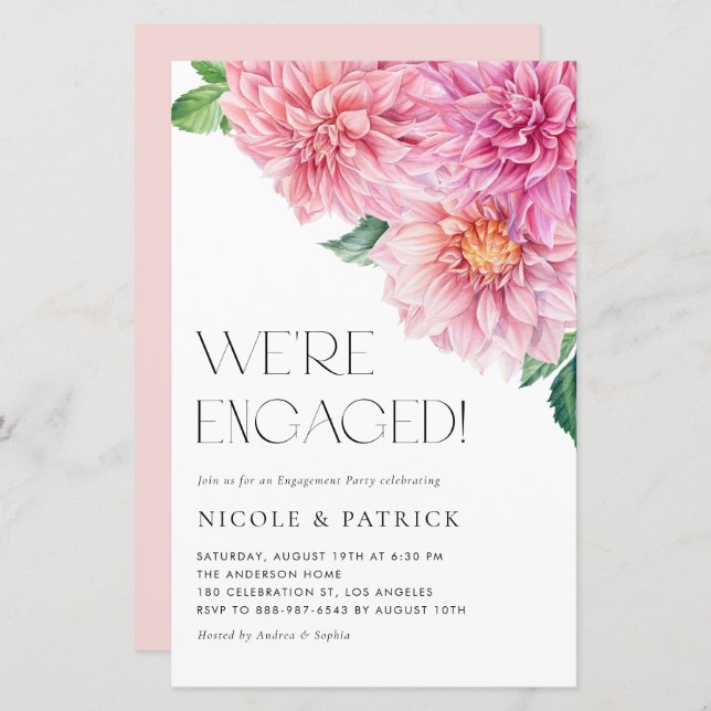 Watercolor Pink Dahlia Engagement Party Invitation (Front/Back)