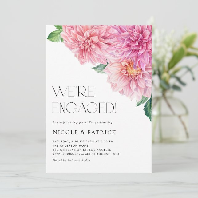 Watercolor Pink Dahlia Floral Engagement Party Invitation (Standing Front)