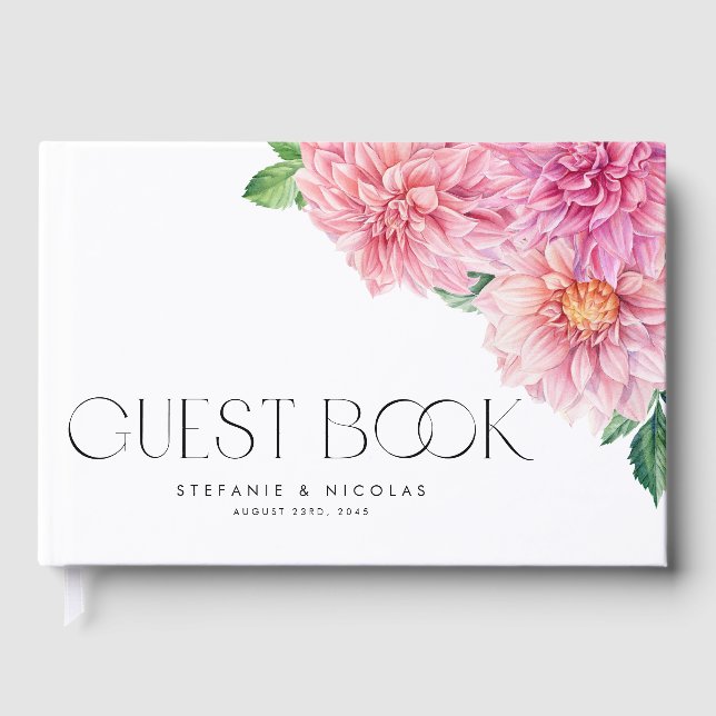 Watercolor Pink Dahlia Flowers Photo Wedding Guest Book (Front)