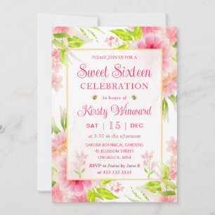Watercolor Pink Dahlia Peony Flowers Sweet Sixteen Invitation