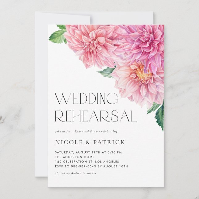 Watercolor Pink Dahlia Wedding Rehearsal Dinner Invitation (Front)