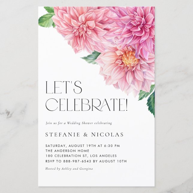 Watercolor Pink Dahlia Wedding Shower Invitation (Front)