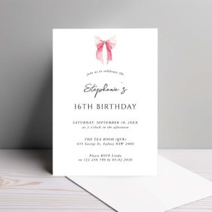 Watercolor Pink Dainty Bow 16th Birthday Invitation