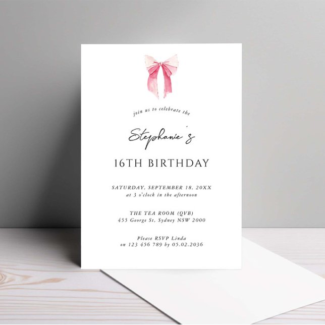 Watercolor Pink Dainty Bow 16th Birthday Invitation (Creator Uploaded)