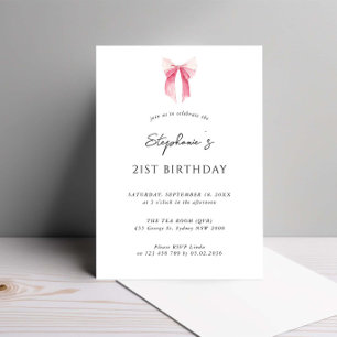 Watercolor Pink Dainty Bow 21st Birthday Invitation