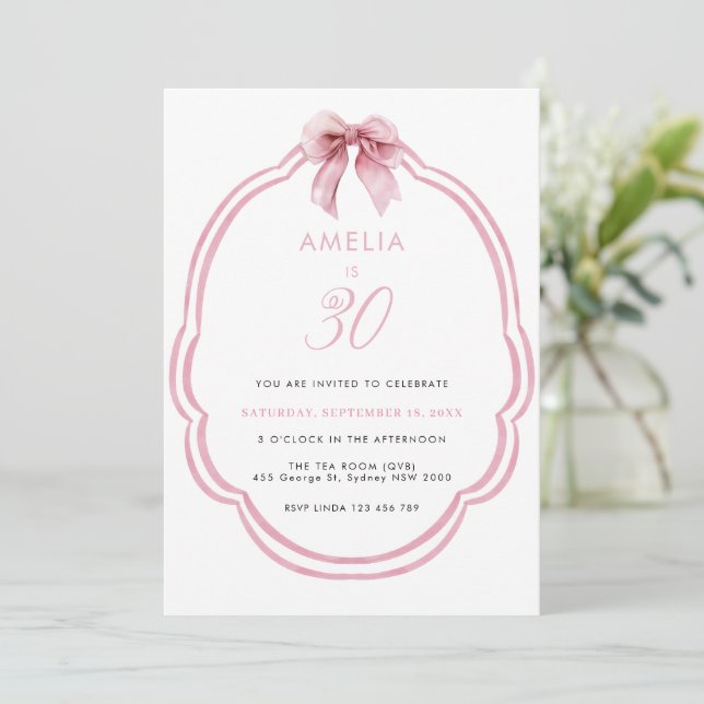Watercolor Pink Dainty Bow 30th Birthday Invitation (Standing Front)