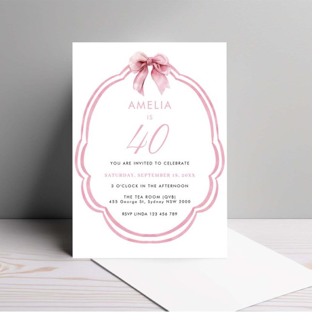 Watercolor Pink Dainty Bow 40th Birthday Invitation (Creator Uploaded)