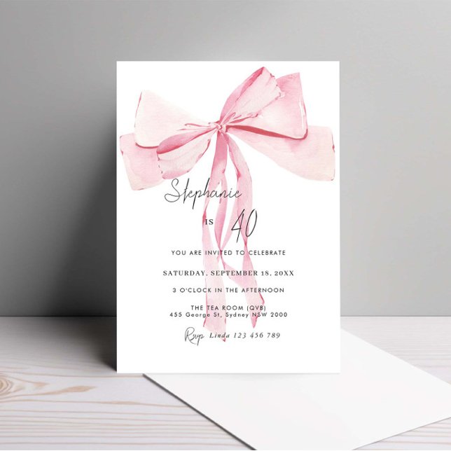 Watercolor Pink Dainty Bow 40th Birthday Invitation (Creator Uploaded)