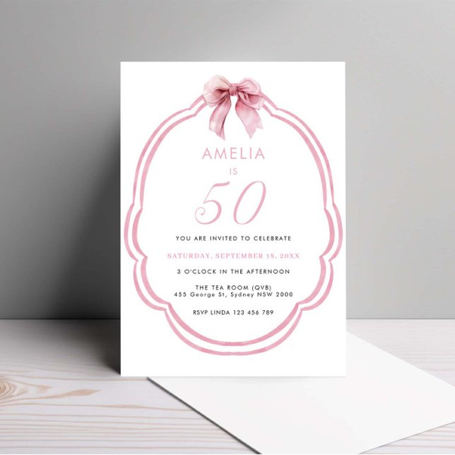 Watercolor Pink Dainty Bow 50th Birthday Invitation (Creator Uploaded)