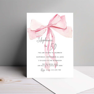 Watercolor Pink Dainty Bow 50th Birthday Invitation