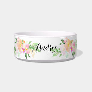 Watercolor Pink Dainty Flowers Custom Pet Name Bowl