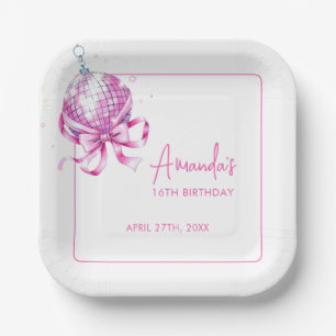 Watercolor Pink Disco Coquette Sweet 16 Birthday Paper Plate