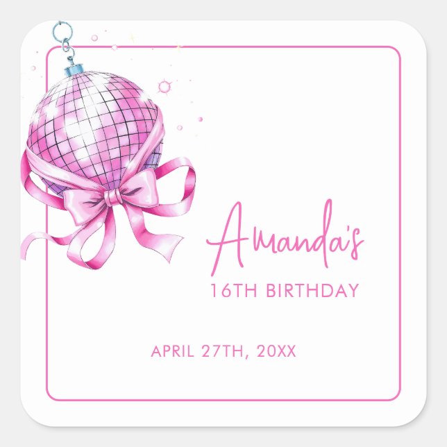 Watercolor Pink Disco Coquette Sweet 16 Birthday Square Sticker (Front)