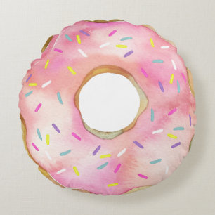 Watercolor Pink Donut Sprinkles Cute Doughnut Round Cushion