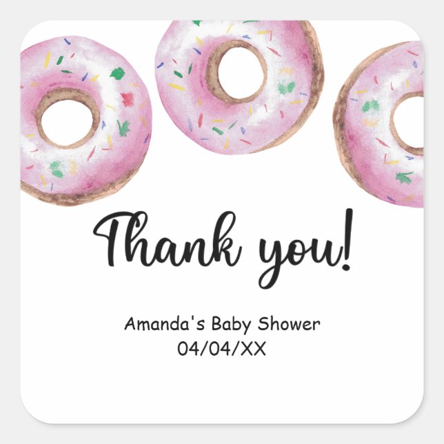 Watercolor pink doughnuts thank you square sticker (Front)