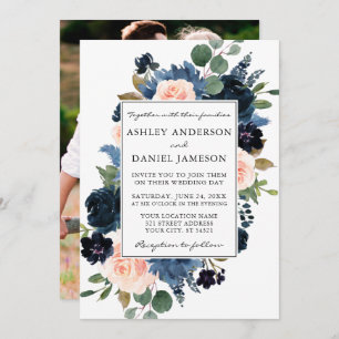 Watercolor Pink Dusty Blue Floral Photo Wedding Invitation