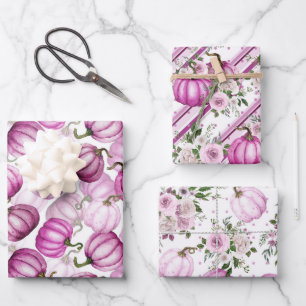 WATERCOLOR PINK FALL AUTUMN PUMPKINS & FLOWERS WRAPPING PAPER SHEET