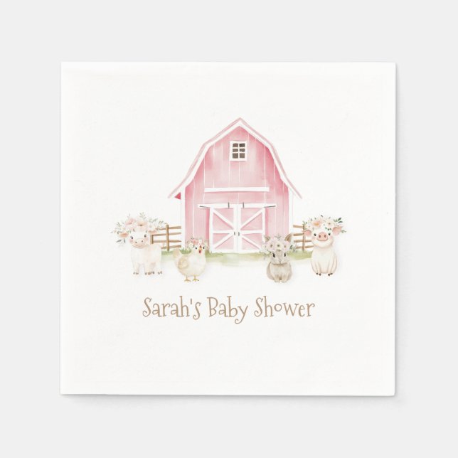 Watercolor Pink Farm Animals Baby Shower Napkins (Front)