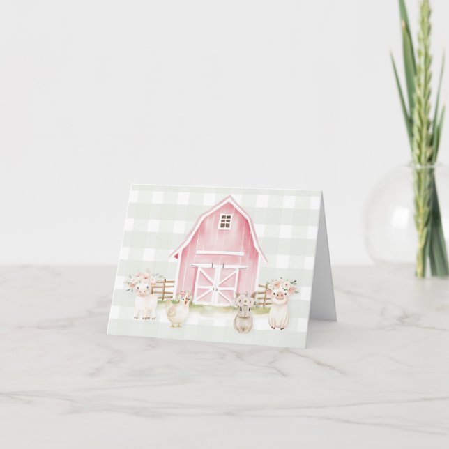 Watercolor Pink Farm Animals Thank You Card (Front)