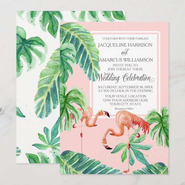 Watercolor Pink Flamingo Beach Banana Leaves Invitation (Front/Back)