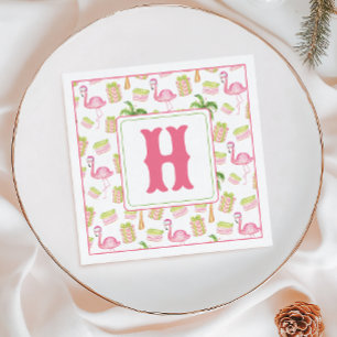 Watercolor Pink Flamingo Beach Christmas Monogram Napkin