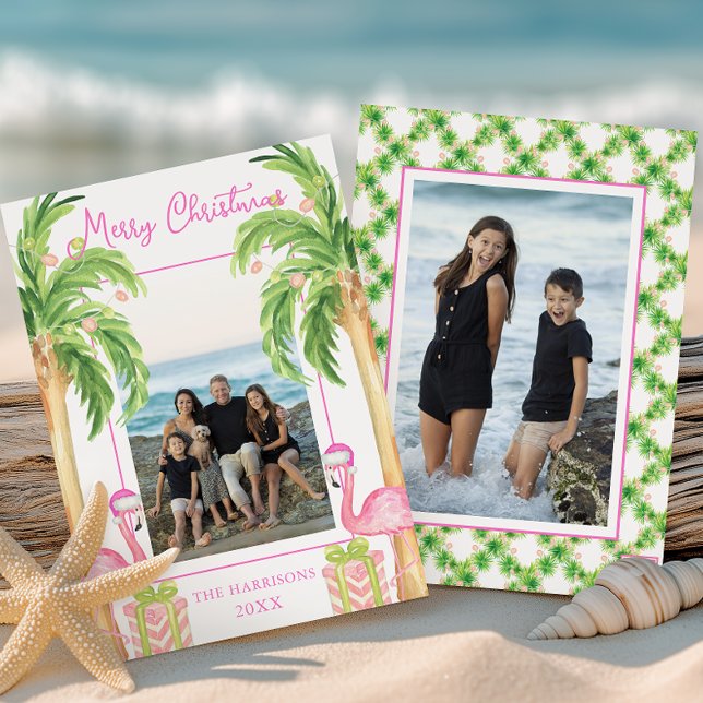 Watercolor Pink Flamingo Beach Christmas Photo Holiday Card (Creator Uploaded)