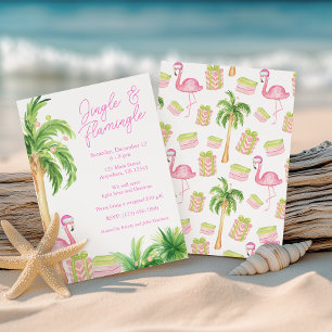 Watercolor Pink Flamingo Beach Christmas Photo Invitation