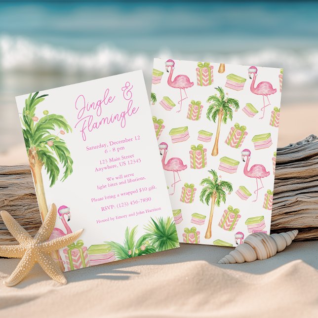 Watercolor Pink Flamingo Beach Christmas Photo Invitation (Creator Uploaded)
