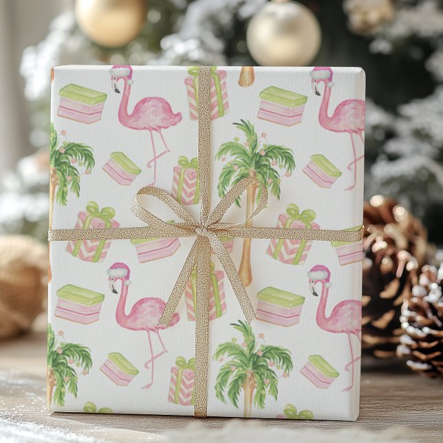 Watercolor Pink Flamingo Beach Christmas Wrapping Paper (Creator Uploaded)