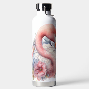 WATERCOLOR PINK FLAMINGO BIRD AND FLOWERS WATER BOTTLE