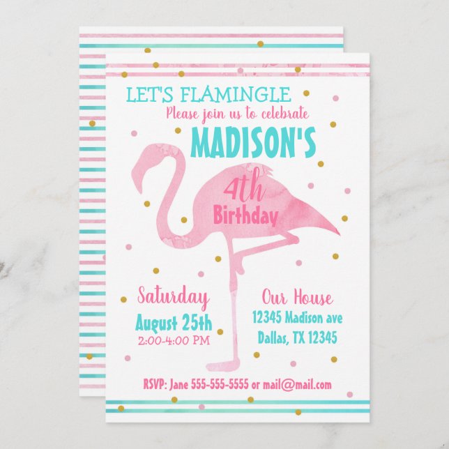Watercolor Pink Flamingo Birthday Invitation (Front/Back)