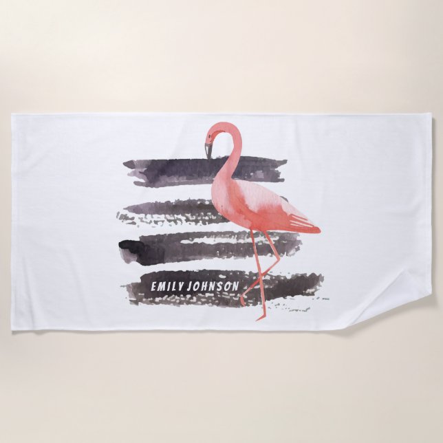 Watercolor Pink Flamingo Brush Strokes Line Custom Beach Towel (Front)