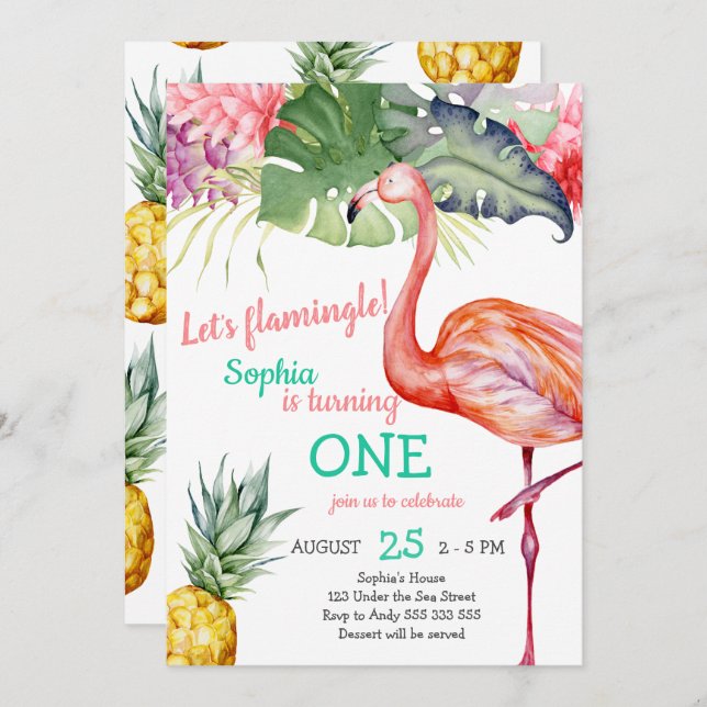 Watercolor Pink Flamingo Girl First Birthday Invitation (Front/Back)