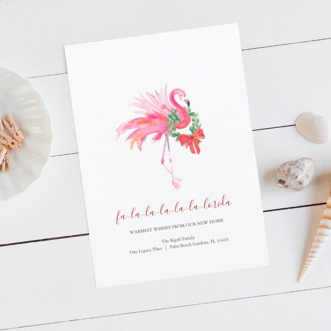 Watercolor Pink Flamingo Holiday New Address Card (Tropical holiday greeting cards pink flamingo art by Victoria Grigaliunas of Do Tell A Belle)