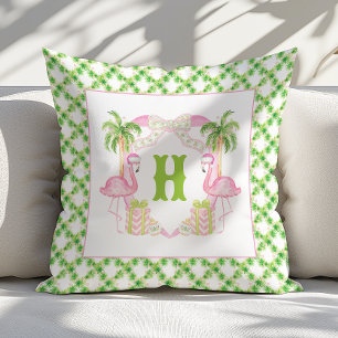 Watercolor Pink Flamingo Monogram Crest Christmas Cushion