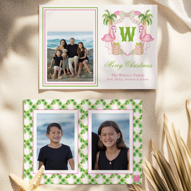 Watercolor Pink Flamingo Monogram Crest Photo Holiday Card (Creator Uploaded)