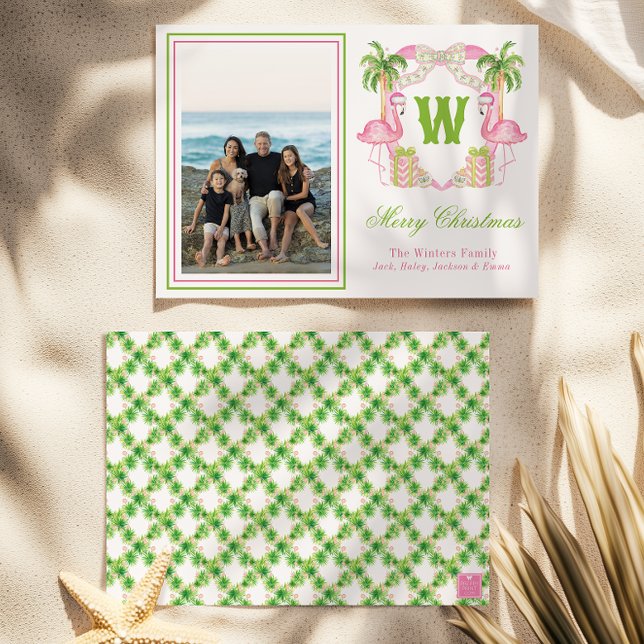 Watercolor Pink Flamingo Monogram Crest Photo Holiday Card (Creator Uploaded)